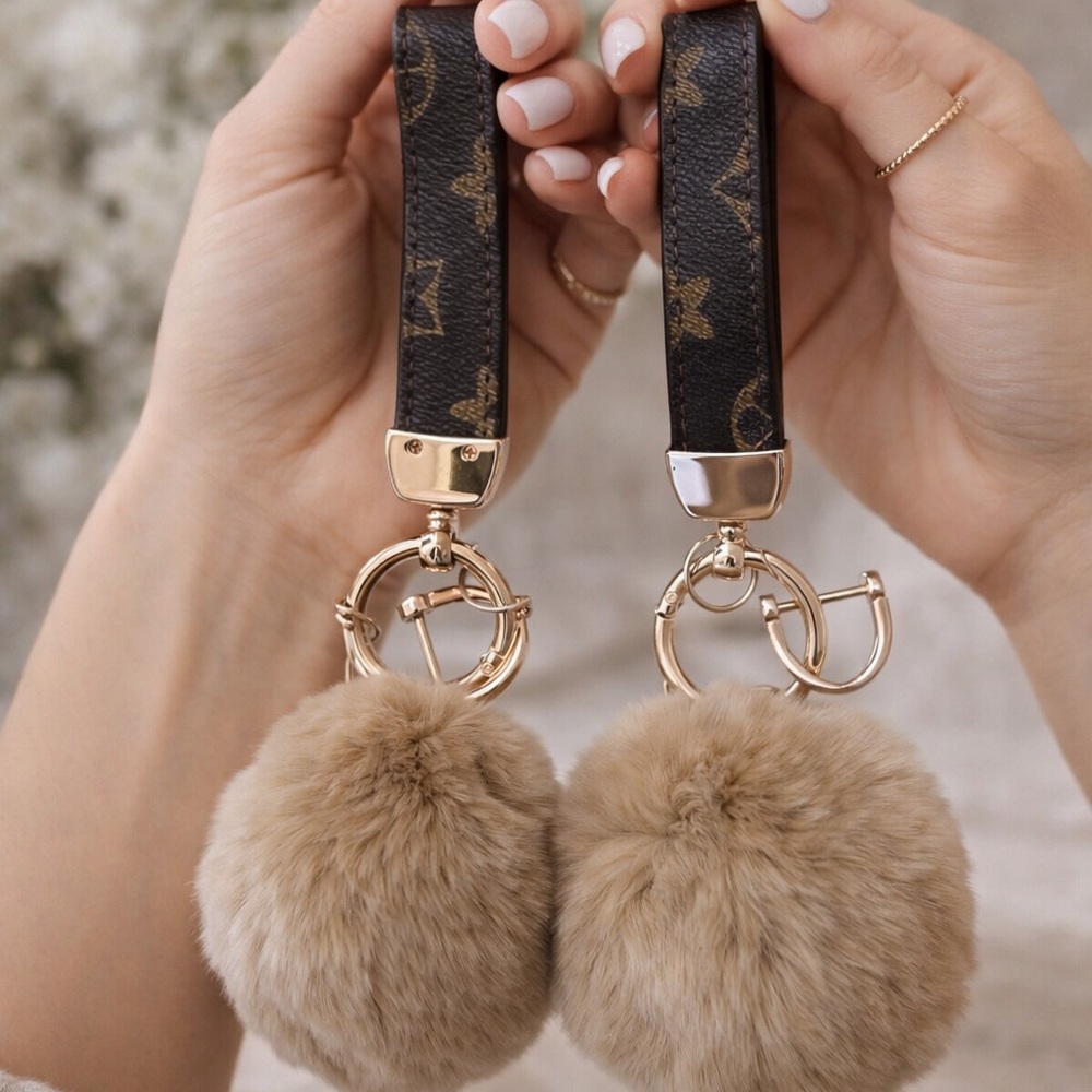 Designer-Inspired Brown Monogram Keychain with Tan Faux Fur Pom (Quantity-1)